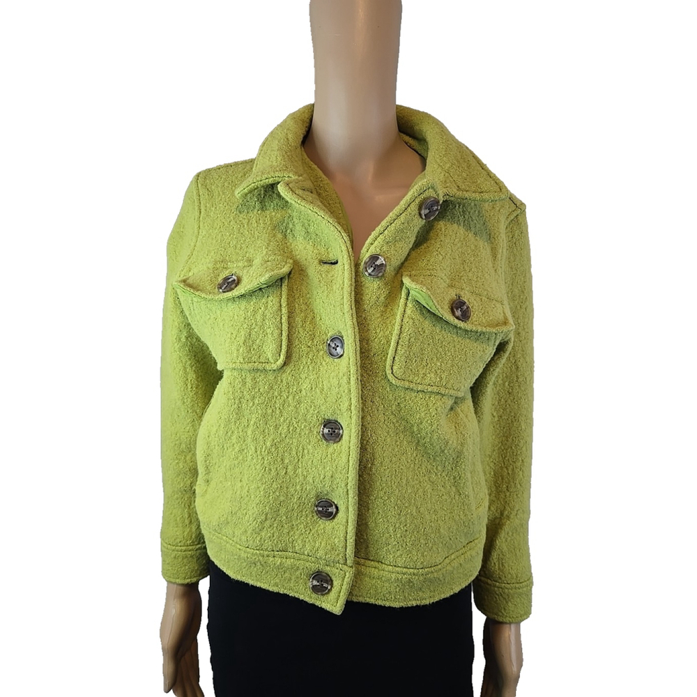 Joie Cropped Fuzzy Wool Blend Jacket Lime Green Boxy Button Front M - Picture 4 of 11